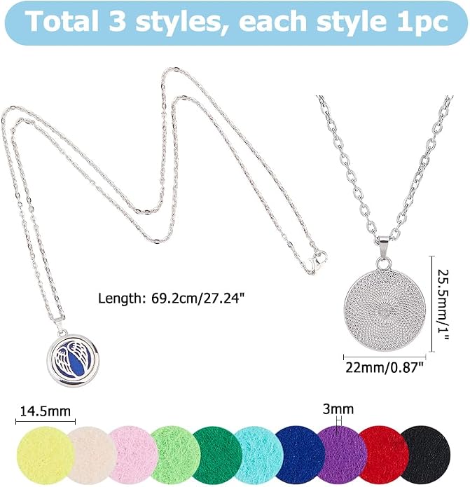 3 Sets Aromatherapy Essential Oil Diffuser Necklace 3 Styles Diffuser Stainless Steel Oil Pendant with Felt Pads Wing and Heart Aromatherapy Locket Necklaces Gift for Woman Men