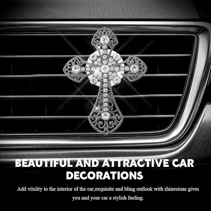 Bling Car Air Vent Clip, Crystal Cross Car Air Fresheners, Rhinestone Vehicle Air Conditioner Outlet Diffuser Vent Clip, Bling Car Interior Accessories Fit for Women and Man (Black, Style 1)