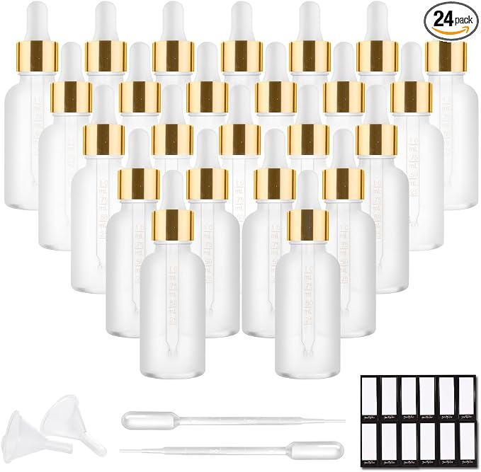 PrettyCare 1oz Glass Dropper Bottle Set of 24, Thick Rose Frosted Glass Bottles Empty with Leakproof Caps, Labels, Funnels - 30ml Eye Dropper Bottles for Storage, Travel, Essential Oils, Tincture