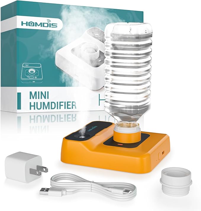 Travel Humidifier, Portable Small Humidifier for Plants, Bedroom, Office, Hotel or Car, 5000mAh Battery Operated Mini Cool Mist Humidifiers, Quiet 23dB, Auto-off, Night Light & BPA-Free, Orange