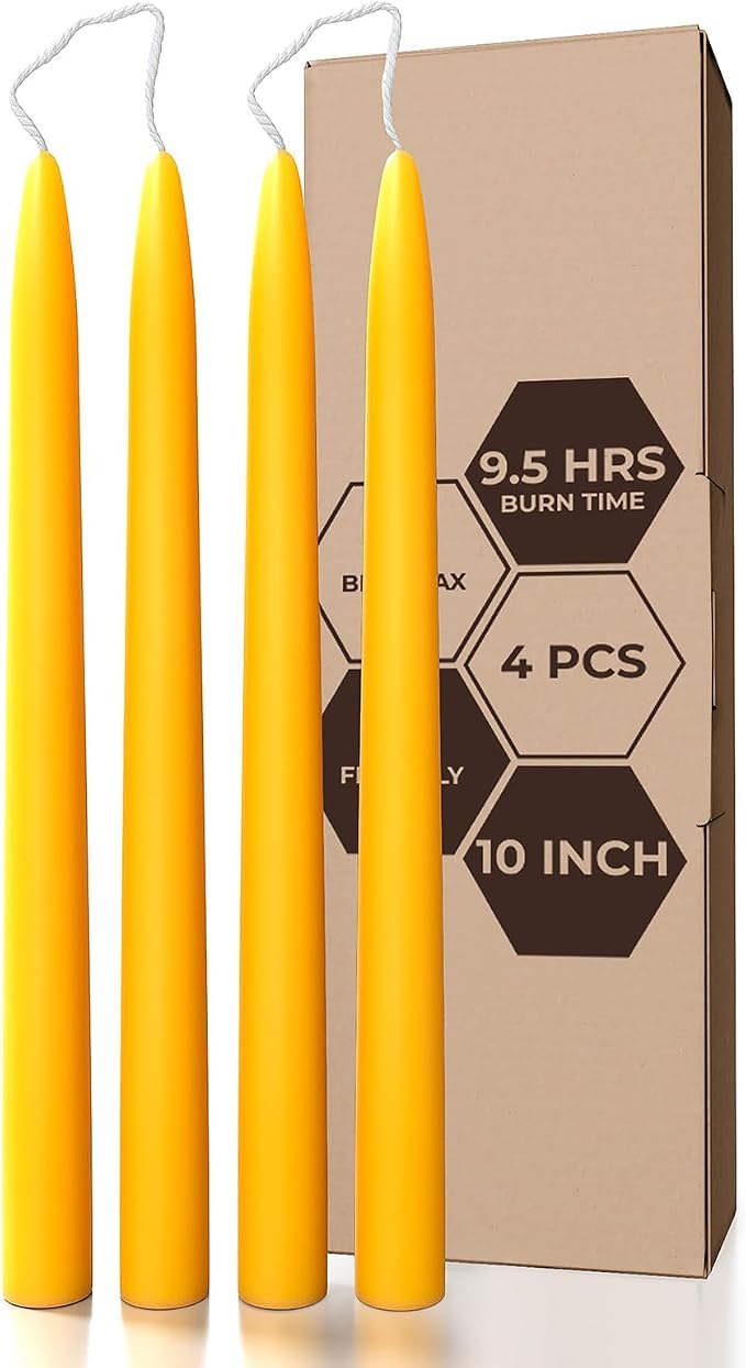 CANDWAX 10 inch Beeswax Taper Candles Set of 4 - Non Toxic and 100% Pure Beeswax Candles Ideal for Dinner - Dripless Handmade Bees Wax Burning Time 9.5 Hours