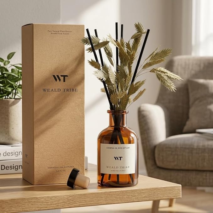 WEALD TRIBE Bamboo Scent Flower Reed Diffuser Set for Bathroom Air Fresheners, Oil Diffuser Sticks | 4.0 fl oz Home Fragrance with Sticks Defusers | House Bedroom Office Shelf Decor
