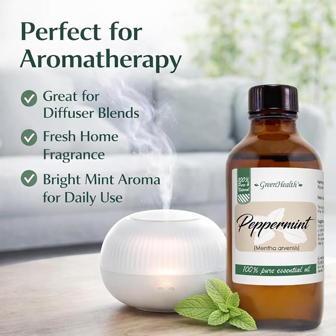 GreenHealth Peppermint Essential Oil 4 fl oz - 100% Pure Essential Oil - Amber Glass Bottle w/Glass Dropper - Fresh Mint Aroma for Diffusers, Candles, Soap Making, DIY Use