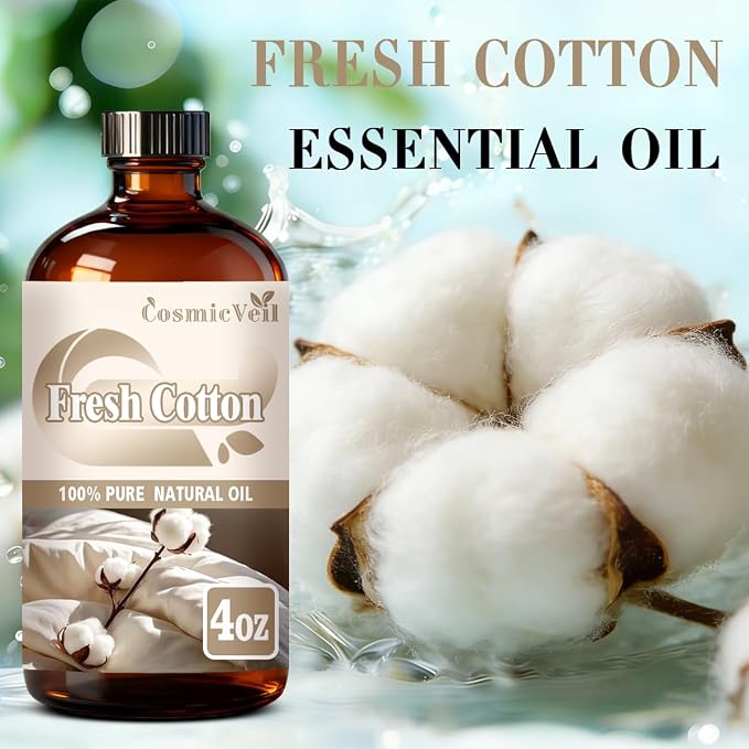 Fresh Cotton Essential Oil for Aroma Diffuser,Humidifier,Home Fragrance,Cleaning,Body Care,Massage,Yoga,DIY Candle,DIY Soap CosmicVeil（Fresh Cotton，4 Fl Oz (Pack of 1)）