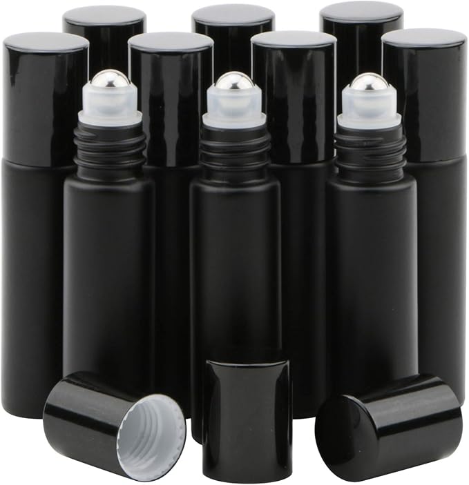 Glass Roller on Bottle, 10ml Refillable Essential Oil Bottle with Stianless Steel Ball, Pack of 10 (Black)