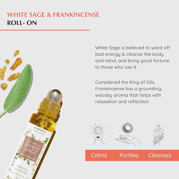 White Sage & Frankincense Essential Oil Roll-On Blend by Aromafume | 10ml/0.33 fl oz | Aromatherapy Oil for Cleansing Negative Energy & Protection | Ethically sourced | Sage Oil for Smokeless Smudging
