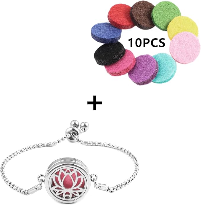 Essential Oil Diffuser Bracelet Aromatherapy Locket Adjustable Stainless Steel Lotus Bracelet with 10 Pcs Refill Pads for Women Girls