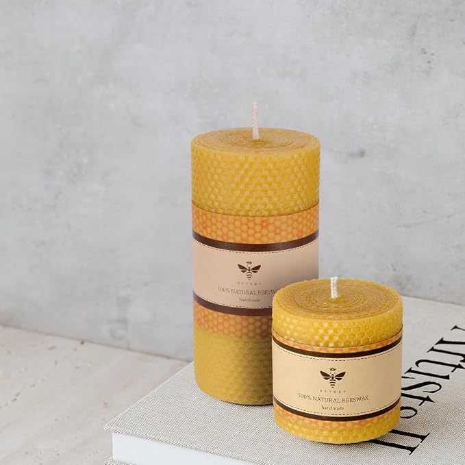 DEYBBY 3×3 in Beeswax Pillar Candle - Handmade Pure Organic Beeswax Honeycomb Rolled Candle for Home Study Decor Housewarming GFT