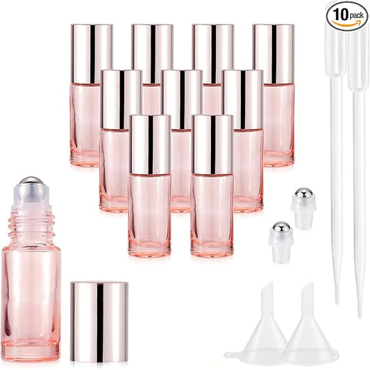 1/6 oz Cute Rose Pink Glass Roller Bottles for Essential Oils, 10Pack 5mL Refillable Roll On Bottles with Stainless Steel Roller Balls, Funnels, Pipettes for Perfume Aromatherapy Travel