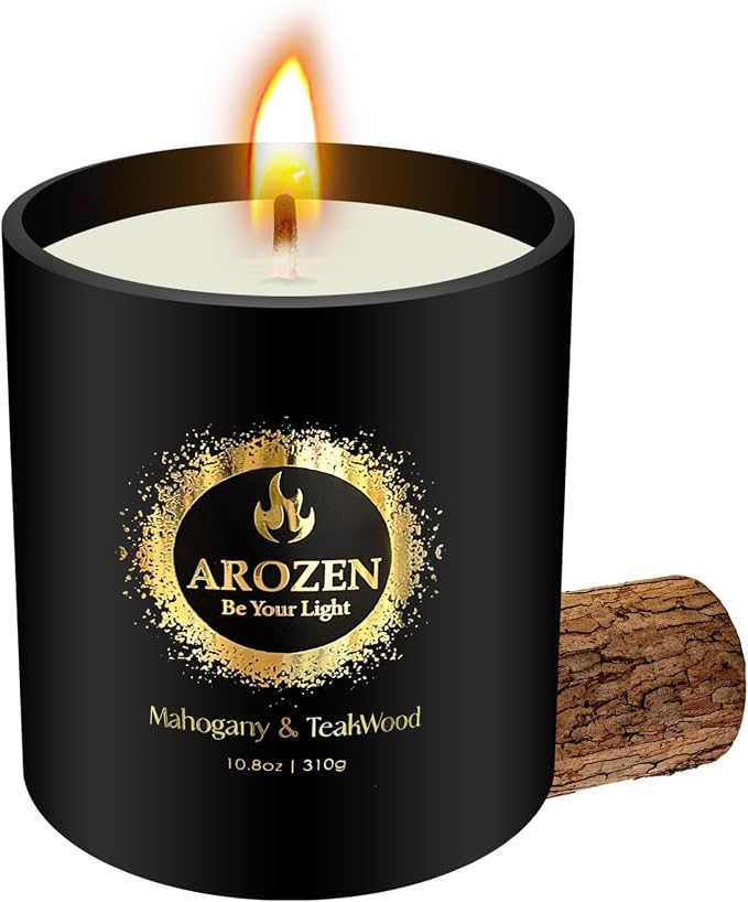 Mahogany Teakwood Candle for Men – 70-Hour Crackling Wick, Woody Masculine Scent – 10.8oz Large Soy Wax Candle, Black Jar Aromatherapy Gift for Him, Father's Day, Birthday, Valentine's Day