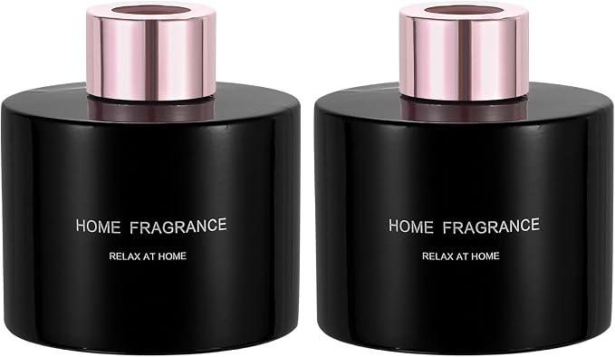 HARFINGTON 2pcs Empty Glass Diffuser Bottle 140ml/4.7oz Refillable Fragrance Accessories Aromatherapy Jar Container for Replacement Reed Diffuser DIY Home Bathroom Black with Gold Tone Cap