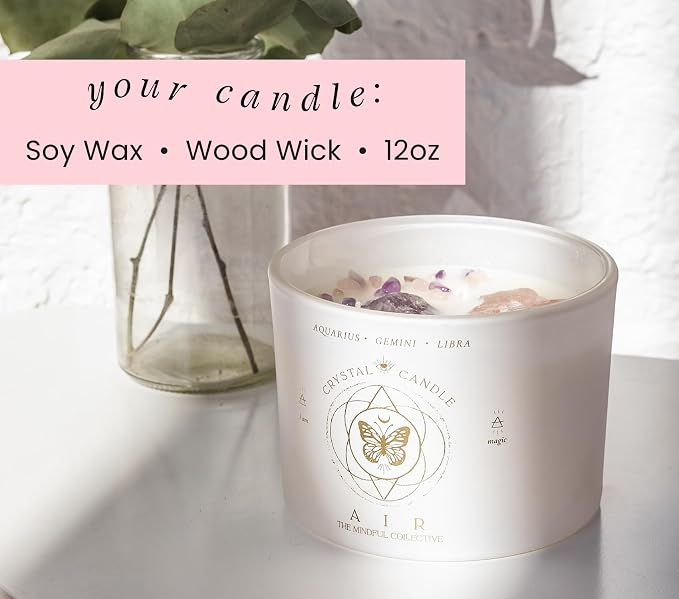 Aquarius, Gemini, Libra Gifts for Women - 12oz Wood Wick Candles that Crackle with Crystals and Healing Stones. Healing Crystal Candles for Women Home Scented. Soy Wax, for Zodiac Birthdate