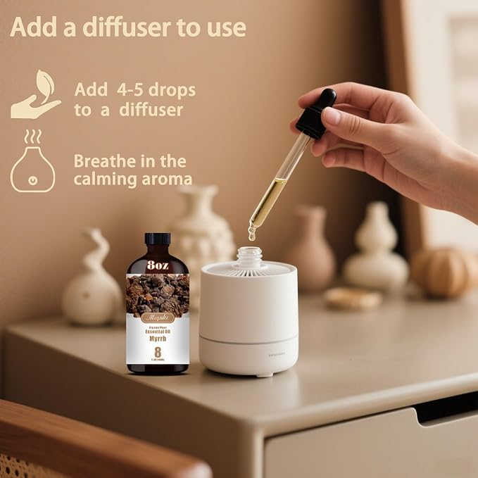 Myrrh Essential Oil 8 fl oz + 0.33 fl oz for Diffuser, Massage, DIY Soap, Candle