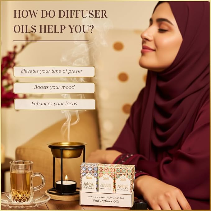 Arabic Oud Diffuser Oil Set, Essential Oils by Dukhni | 3 x 10ml Oudh Oil Gift Set for Diffuser & humidifier | 100% Pure Halal Oils | Relax with Home Aromatherapy, for Relaxation & Massage