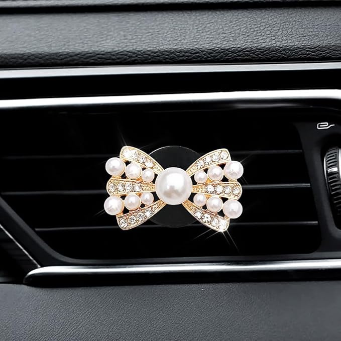 GSHLLO 2 Pcs Bow Car Air Vent Clips Faux Pearl Car Perfume Clips Bling Rhinestone Car Freshener Clips Car Outlet Conditioner Clips Auto Diffuser Charm Clips