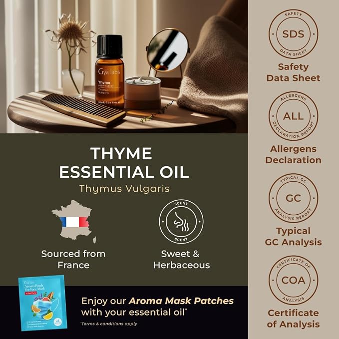 100% Pure Thyme Essential Oil - 0.34 Fl Oz - Thyme Oil for Hair, Skin, Diffuser, Aromatherapy & DIY Candle Making Scent