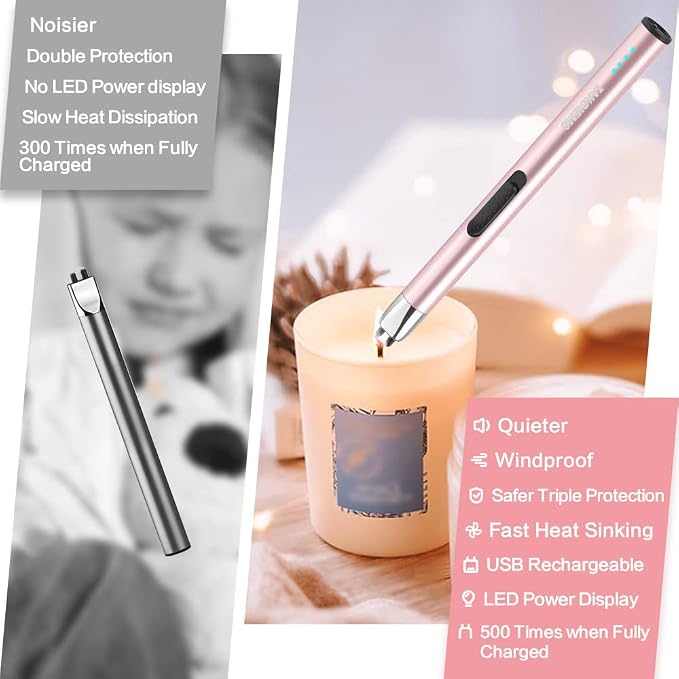 Candle Lighter Electric Updated with LED Battery Display Safety Switch, USB Rechargeable Lighter Flameless Windproof Arc Long Lighters for Candle Grill Fireworks Pink