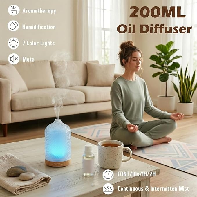 Diffuser with 3 Essential Oils,Glass Aroma Diffusers,200ml Small Humidifier for Bedroom with Timer,7 LED Color Lights,Auto Shut-Off Waterless Function for Office Home Room Decor Gifts for Women
