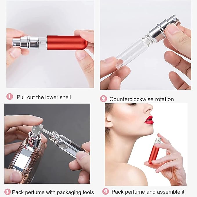 5ml Perfume Bottle Set, Portable Travel Refillable Perfume Atomiser, Mini Spray Bottles (3+1 Pcs) - Pink, Red, Silver with Separated Tool