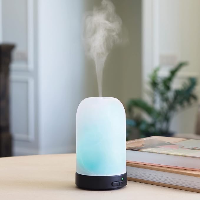 Airome Frosted Glass Medium Glass Essential Oil Diffuser|100 mL Humidifying Ultrasonic Aromatherapy Diffuser 8 Colorful LED Lights, Intermittent & Continual Mist, Auto Shut-Off, White