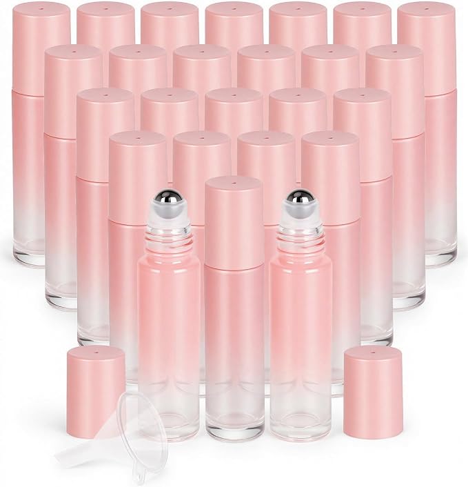 Worldgsb 25 Pack Essential Oil Roller Bottles, 10ml Refillable Glass Roller Bottles with Stainless Steel Roller Balls and Caps for Travel, Perfume and Lip Gloss Pink Gradient