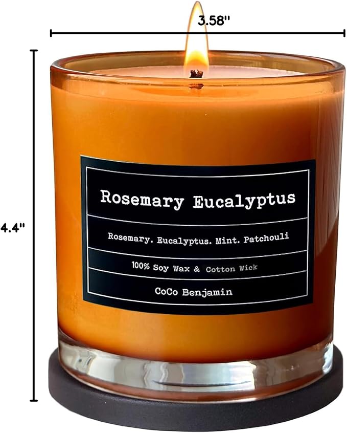 100% Natural Soy Wax Candle by CoCo Benjamin - Highly Scented & Hand-Poured Luxury Candle (Rosemary Eucalyptus) - Clean Burning Cotton Wick