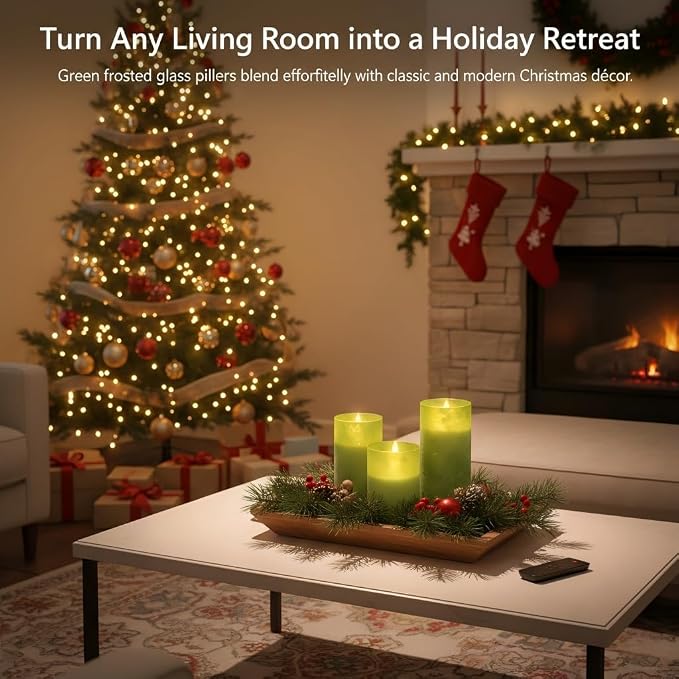 ANGELLOONG Green Flameless Candles with Remote, Glass Battery Operated LED Pillar Candles Flickering for St. Patrick's Day Christmas Home Decor, Set of 3