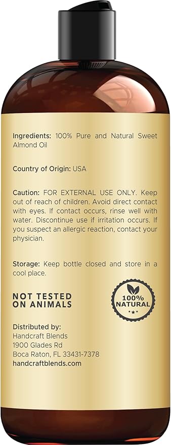Handcraft Blends Sweet Almond Oil | 100% Pure and Natural | Bath & Body Oil | Premium Grade Carrier Oil | Skin | Hair | Body | Massage | Hexane-Free | 16 Fl Oz