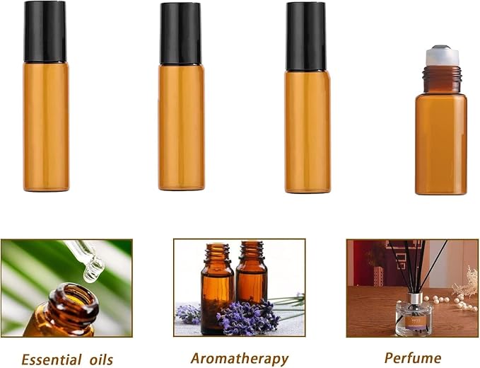 4-Pack 5ml Amber Glass Roller Bottles with Black Metal Roller Balls – Empty Refillable Essential Oil Roll On Bottles for Aromatherapy, Perfume, DIY Blends & Travel Use