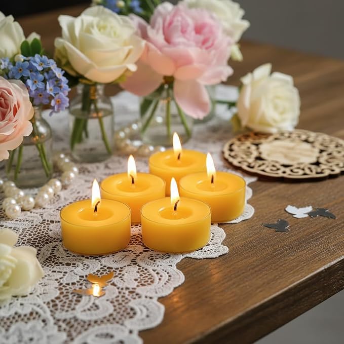 Tea Lights Yellow Tea Candles Set of 24 – Tealight Candles with Lemon Scent, Long Burning Handmade Tealights for Wedding Meditation Home Decor Gift