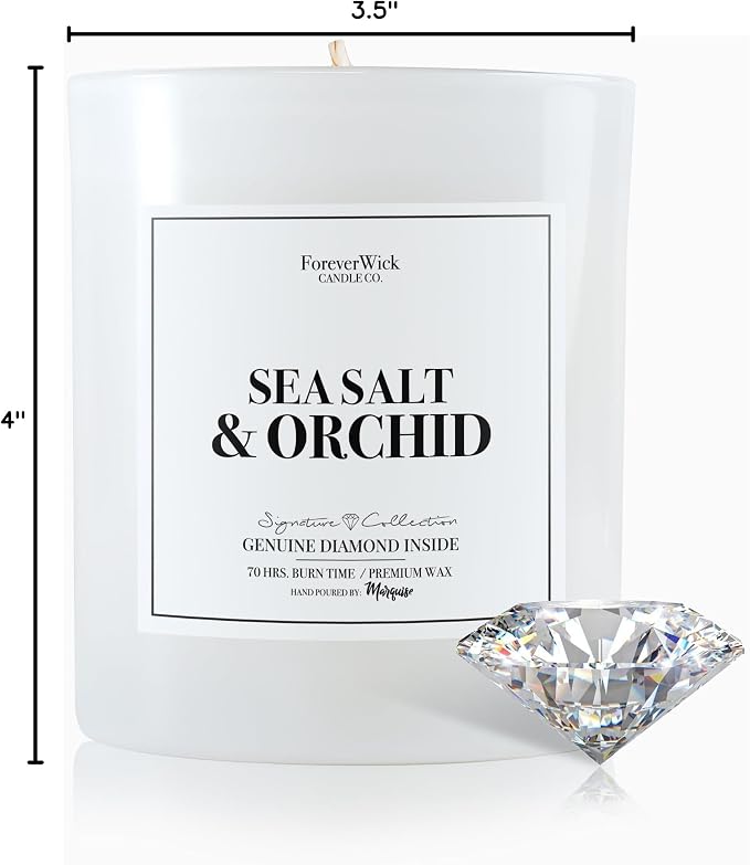 Foreverwick Sea Salt & Orchid Candle | Royal Essence Candle with Diamond Inside | Cleansing Sage Aroma | Strong Scented Candles for Decor | 14 oz & 70 Hours Burning Time