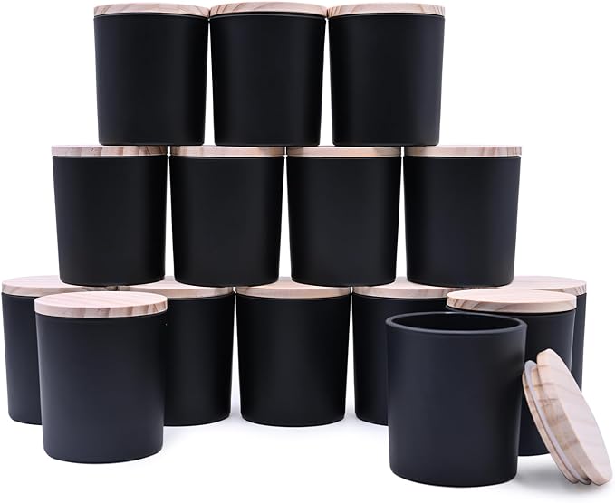 SHOWIN 8 OZ Thick Candle Jars for Making Candles 15 Pcs, Black Empty Jars with Wood Lids for Candle Making, Sample Container,Matte Black
