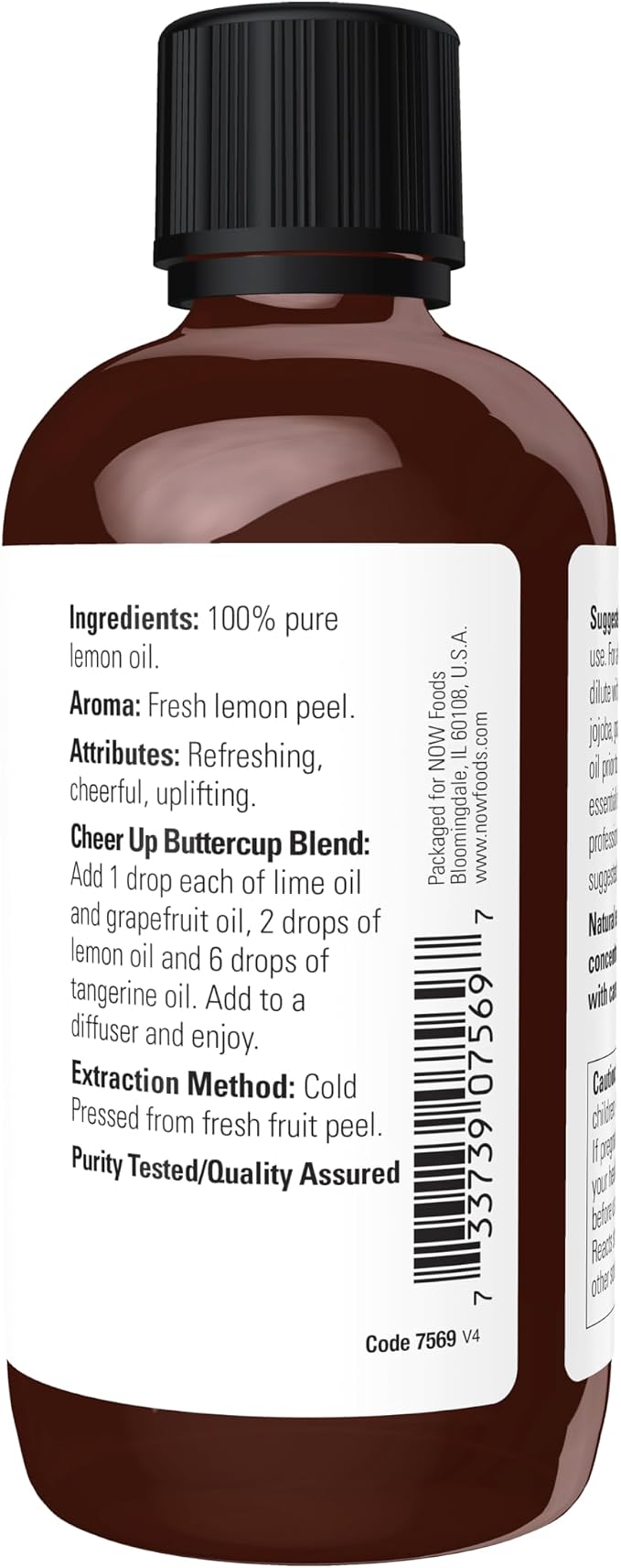 NOW Essential Oils, Lemon Oil, Cheerful Aromatherapy Scent, Cold Pressed, 100% Pure, Vegan, Child Resistant Cap, 4-Ounce
