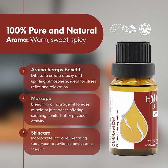 Essences Bulgaria Organic Ceylon Cinnamon Essential Oil 0.51 Fl Oz 15ml Cinnamomum Zeylanicum - 100% Pure and Natural Undiluted Therapeutic Grade Aromatherapy for Diffusers Home Humidifier