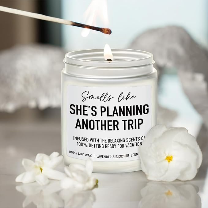 She's Planning Another Trip Candle Travel Gifts for Women, Funny Gifts for Travelers, Funny Birthday Planning Traveling Gift for Travelers Women, Mom, Couple, Friend, Lavender Eucalyptus Candles 9OZ