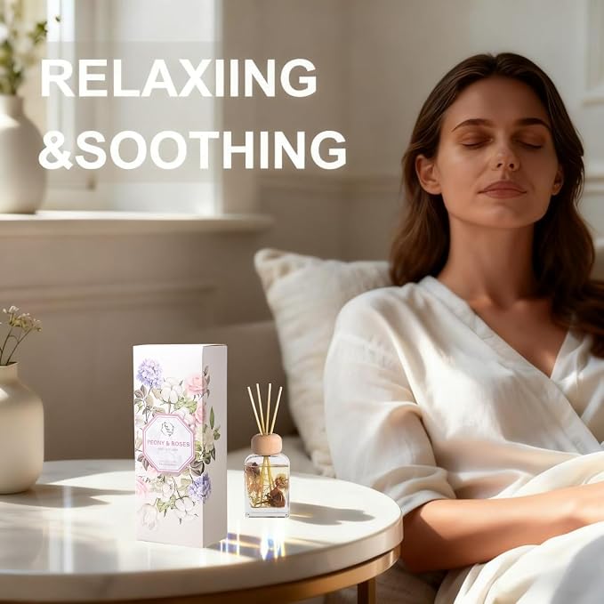 Reed Diffuser Set, 3.4 fl oz - Elegant Home Fragrance with 5 Sticks - Long-Lasting Scented Oil Diffuser for Bedroom, Bathroom Shelf Decor & Living Room (Peony & Roses)