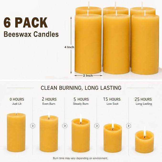 Beeswax Candles Pillar 6 Pack, 2x4 Inch Non Toxic Bees Wax Candle for Home, Long-Lasting Burn Natural Honey Scented Pillar Candle for Air Purification, Emergency, Meditation