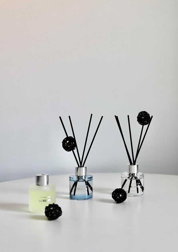 Reed Diffuser Set of 3 | Aromatherapy Fragrance Oil | 12 Sticks and 6 Rattan Balls, 3 x 50ML | Home, Office, Bathroom, Bedroom Essentials (Eucalyptus, Jasmine, Lemongrass, Sky Blue)