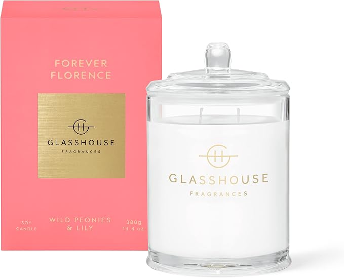 Glasshouse Fragrances Forever Florence Candle, Triple Scented Natural Soy Wax Blend, 2 Wicks & Glass Jar, 65 Hour Burn Time, Wild Peonies & Lily, 13.4 Oz (380g)