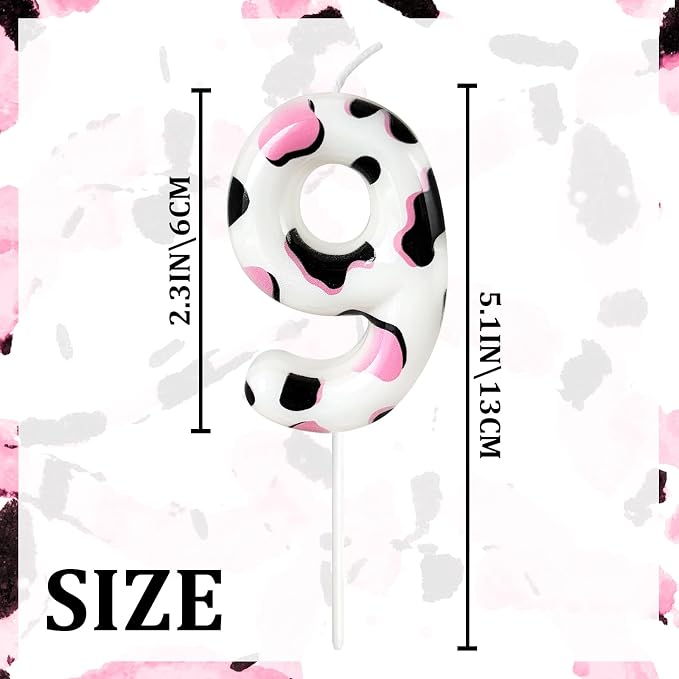 Number 9 Birthday Candle for Cake – Cow Print Design in White Black Pink – Farm Theme & Cowgirl Party Cake Topper Decoration