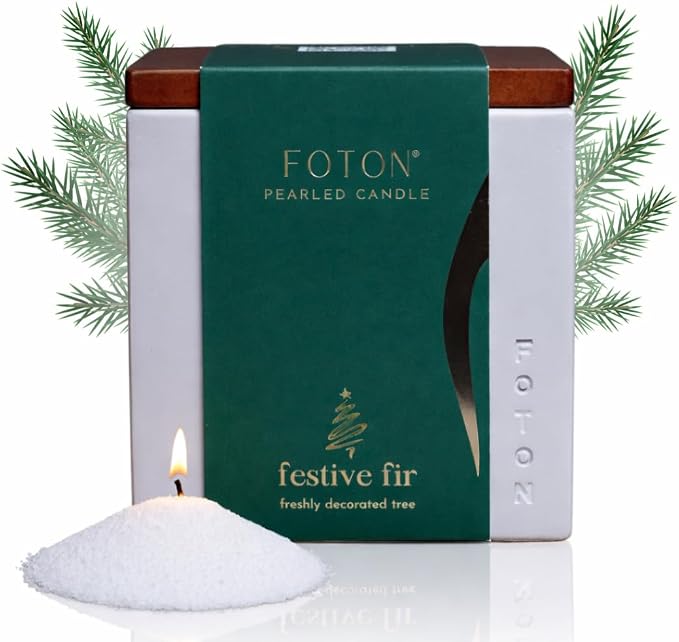 Foton Pearled Candle Le Cube Concrete Vase Set 16 Oz - Festive Fir Scented - Refillable Jar Scented Candle Sand with 15 Wicks - Natural Non-Toxic Decorative Candles for Home