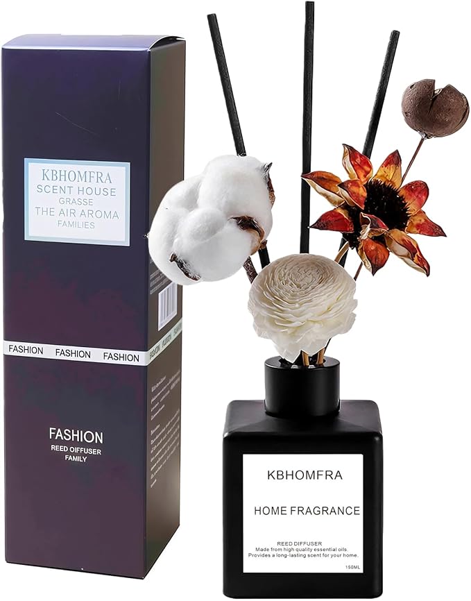 Reed Diffuser Set with Dried Flowers, Jasmine Gardenia Sandalwood Scent, Black Glass Bottle, 5.07fl oz, Aromatherapy Home Fragrance for Bedroom Bathroom (Lime Basil Citrus)