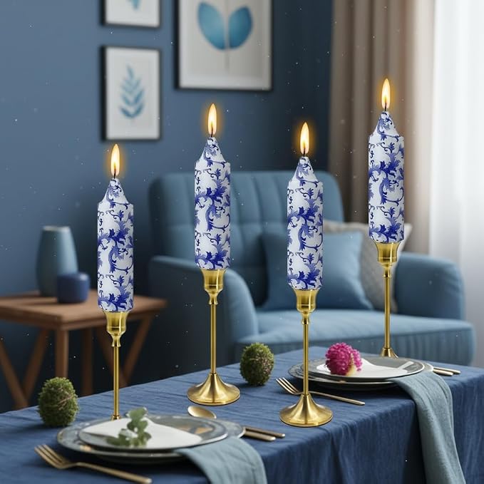 5 Inch Blue and White Tapered Candles Short Floral Candlesticks Hand Poured Unscented Smokeless Porcelain Candles for Dining Everyday Meals Family Dinner Elegance Blue White Porcelain Style