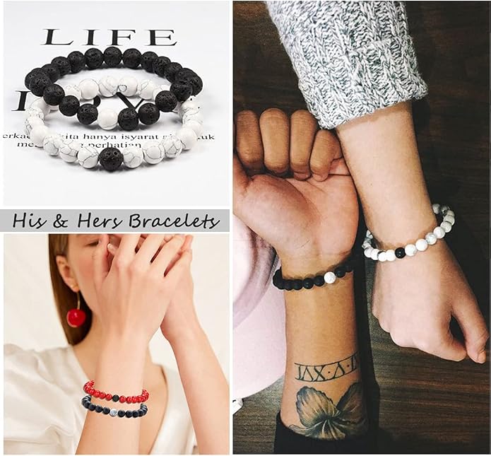 Jewdreamer 12Pcs Distance Relationship Bracelets 8mm Lava Rock Stone Beaded Bracelet for Men Women Stretch Yoga Bracelet Aromatherapy Essential Oil Diffuser Couple Bracelet Set