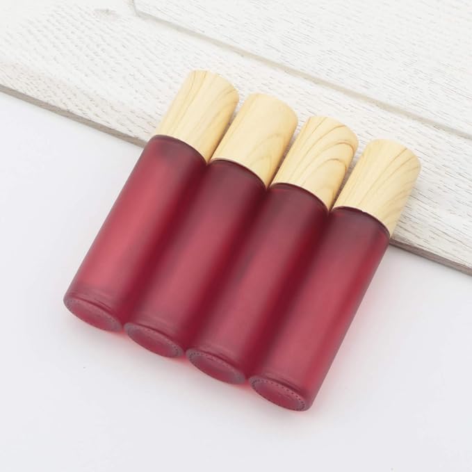 Kesell 10Pcs 10ml Frosted Glass Roller Bottles Vials Containers with Metal Roller Ball and Wood Grain Plastic Cap for Essential Oil Perfume Cosmetic