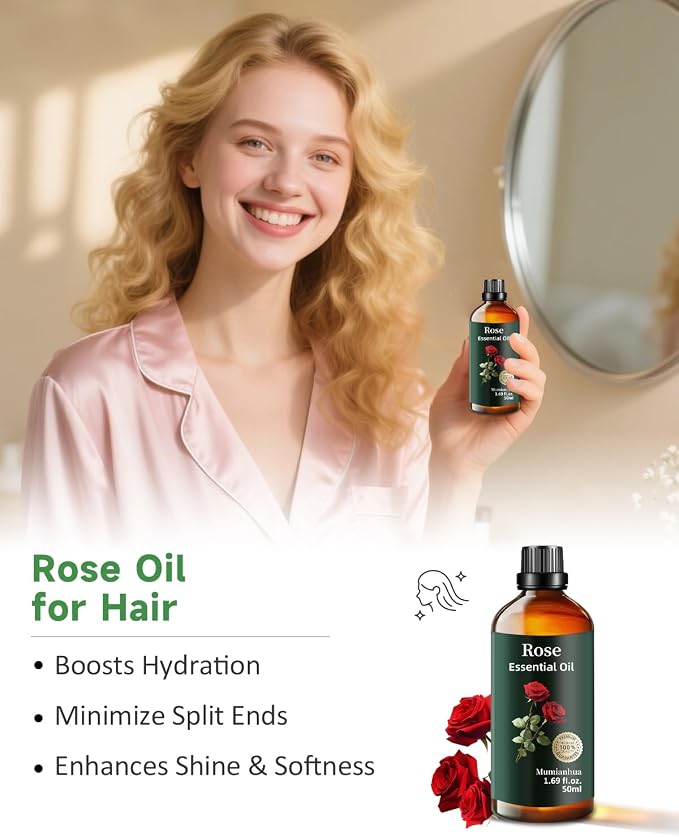 Rose Essential Oil, Pure Mumianhua Natural Floral Oil for Evening Wellness & Skin Radiance, Aromatherapy for Diffuser, Massage, Hair Care, Cologne, Candle & Soap Making – 1.69 Fl Oz