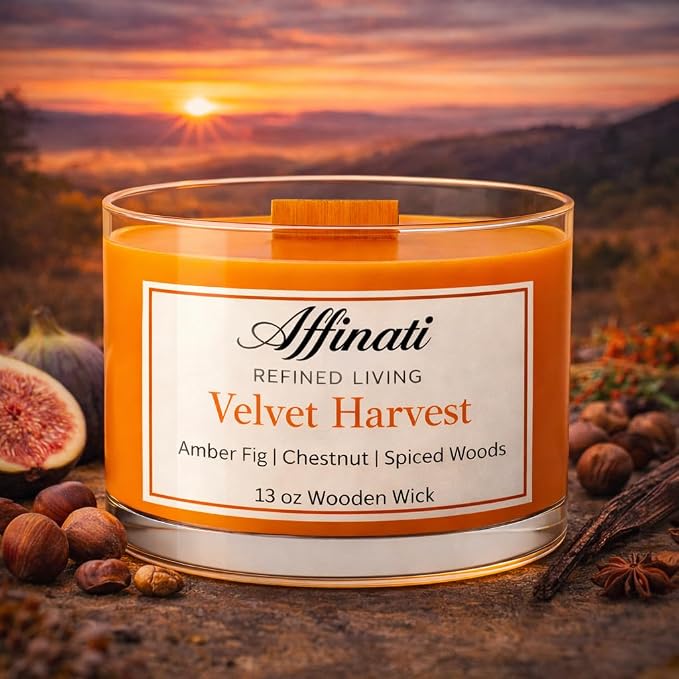 Affinati Velvet Harvest Wooden Wick Candle – Luxury Wooden Bowl, 13 oz