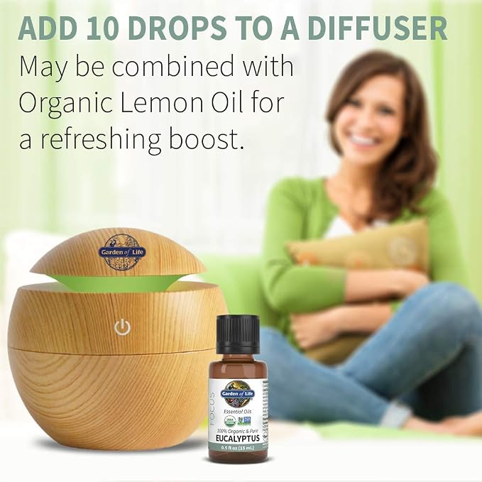 Garden of Life Eucalyptus Essential Oil – 100% Pure Essential Oil for Diffuser, Aromatherapy, Meditation, Clarity and Focus, USDA Organic, Non-GMO, 0.5 fl oz