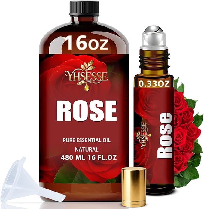 Rose Essential Oil, Rose Oil 16 Fl Oz 480ml for Diffuser Yoga Soap & Candle Making – with 0.33 Oz Roller Ball & Funnel YHSESSE Essential Oils