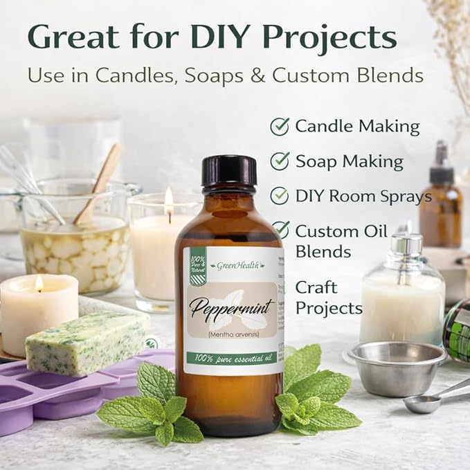 GreenHealth Peppermint Essential Oil 4 fl oz - 100% Pure Essential Oil - Amber Glass Bottle w/Glass Dropper - Fresh Mint Aroma for Diffusers, Candles, Soap Making, DIY Use